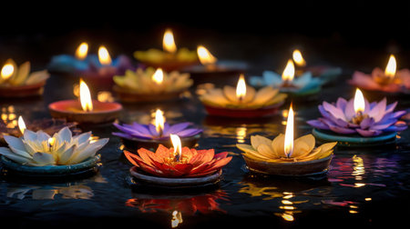 This image captures a stunning array of floating lotus-shaped candles, each flickering with warm light on a still water surface, creating a calming and serene atmosphere ideal for meditation and relaxation.の素材