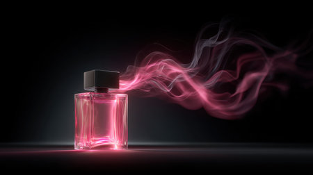A visually striking image featuring an elegant pink perfume bottle releasing delicate fragrance smoke on a dark background, symbolizing beauty and luxury.の素材
