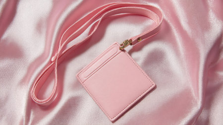 Capture the beauty of an elegant pink lanyard with a card holder featured on a luxurious satin fabric background. Perfect for fashion photography.の素材