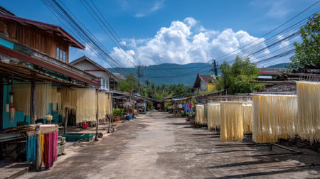 A picturesque street scene showcasing traditional noodles drying under the sun in a charming Asian village surrounded by lush greenery and vibrant colors.の素材