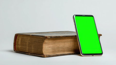A vintage book rests beside a smartphone featuring a vibrant green screen. This image represents the fusion of traditional literature with modern digital technology, ideal for media and content creation projects.の素材