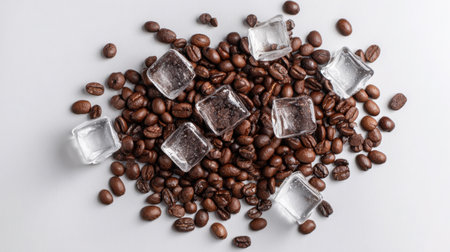 An artistic arrangement of dark coffee beans and clear ice cubes on a light surface, perfect for representing refreshing beverage ideas.の素材