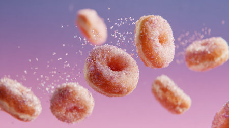 A whimsical scene featuring floating doughnuts coated in sugary goodness, set against a vibrant and colorful background. Perfect for food lovers!の素材
