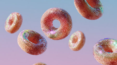 Playful and colorful floating donuts with sparkles create a whimsical scene against a vibrant gradient background, perfect for artistic food themes.の素材
