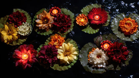 A stunning arrangement of vibrant floating flowers illuminated by flickering candles, creating a serene atmosphere on dark water at night.の素材