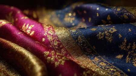 This image features an elegant fabric with rich colors and intricate patterns, emphasizing luxury and traditional craftsmanship in textile design.の素材