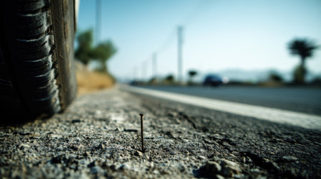 A detailed close-up of a metal nail embedded in asphalt beside a tire, highlighting potential dangers while driving, ideal for safety themes.の素材