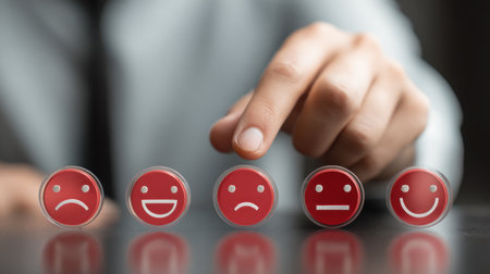 A business professional points to a series of red emotion icons, symbolizing the evaluation of customer feedback and satisfaction levels.の素材