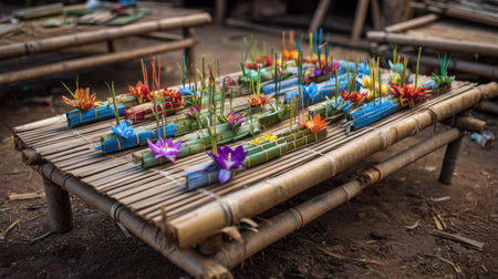 This image captures colorful handmade floral offerings arranged on bamboo mats in a vibrant market setting, showcasing cultural beauty.の素材