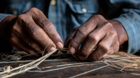 Close-up view of hands skillfully weaving natural fibers into intricate patterns, showcasing the artistry and dedication of traditional craftsmanship.の素材