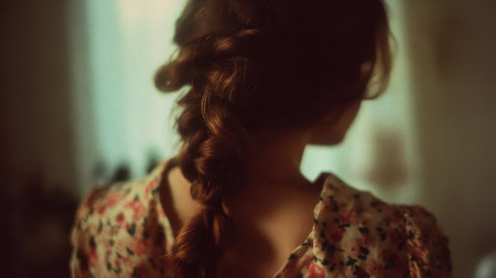 Captivating portrait of a woman showcasing her long braided hairstyle while wearing a floral dress in a softly lit home environment.の素材