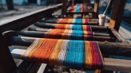 Close-up of vibrant threads on a loom, showcasing the intricate weaving process with bright colors. Captures traditional craftsmanship in a serene setting.の素材