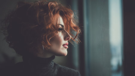 A thoughtful woman with radiant curly red hair gazes out of a window, enveloped in soft natural light, capturing an intimate moment of inner reflection.の素材