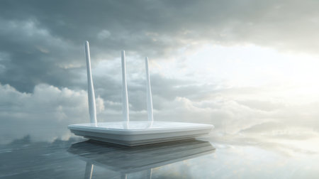 A striking image of a modern wireless router standing on a reflective surface, surrounded by an ethereal sky. This composition highlights connectivity and technology.の素材