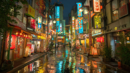 A captivating nighttime view of a bustling Tokyo alleyway filled with bright neon signs. The wet pavement reflects the vibrant colors, creating an enchanting urban atmosphere perfect for exploring Japan's dynamic culture.の素材