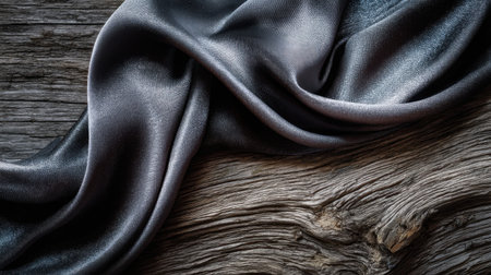 This captivating image features a luxurious dark fabric elegantly draped over a rustic wooden surface, showcasing rich textures and warm contrasts.の素材