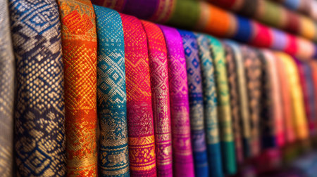 A stunning collection of colorful textiles displayed in a vivid array, showcasing intricate designs and patterns ideal for decoration or fashion.の素材