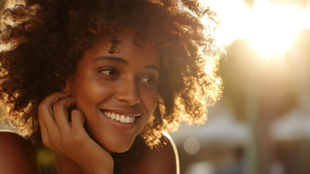 A joyful young woman with curly hair smiles radiantly as the warm sunlight bathes her in a golden glow. The scene captures a vibrant summer evening filled with positivity and serenity.の素材
