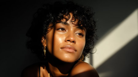 A young woman with curly hair sits in soft natural light, reflecting a serene and thoughtful expression amidst gentle shadows, showcasing natural beauty.の素材
