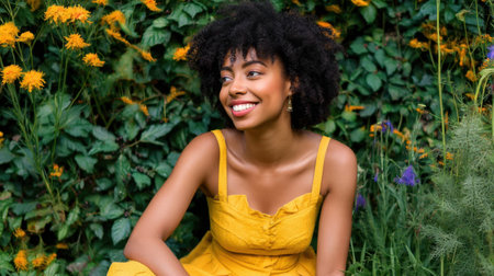 A joyful young woman in a bright yellow dress sits gracefully among vibrant flowers, capturing the essence of summer and nature's beauty.の素材