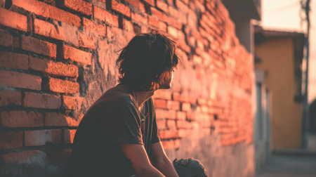 A solitary individual sits against a weathered brick wall, thoughtfully gazing into the distance as warm sunset light casts gentle shadows.の素材
