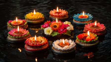 A mesmerizing arrangement of floating diyas adorned with vibrant flowers, casting a warm glow on the dark water, perfect for festival celebrations.の素材