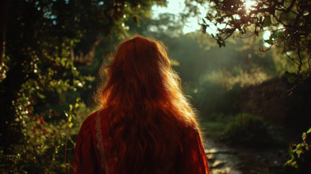 A young woman with flowing red hair gazes into a serene forest, illuminated by soft sunlight. The enchanting atmosphere invites exploration and tranquility.の素材