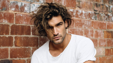 A striking portrait of a confident young man with medium-length curly hair, presenting a casual yet captivating style against a rustic brick wall.の素材
