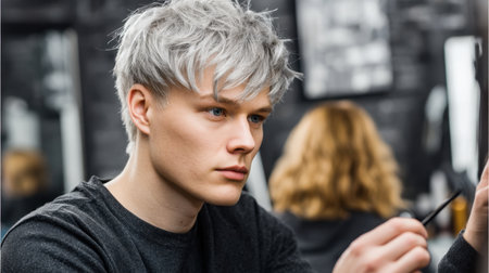 A young man with striking grey hair is seen deep in thought while grooming in a trendy barbershop, capturing a moment of personal reflection.の素材
