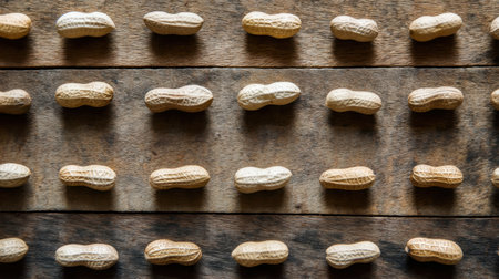 Detailed view of raw shelled peanuts arranged on a rustic wooden surface, showcasing their natural texture and earthy tones, ideal for culinary projects.の素材