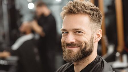 A stylish man with a well-groomed beard smiles warmly at the camera while enjoying a grooming session in a vibrant hair salon environment.の素材