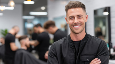 A confident male barber smiles warmly in a modern hair salon, providing a welcoming atmosphere for customers as they enjoy stylish haircuts.の素材