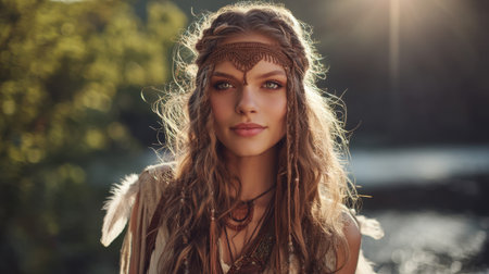 A captivating portrait of a bohemian woman with flowing hair and feather accessories, set against a serene natural backdrop illuminated by sunlight.の素材
