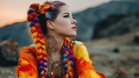 A young woman showcases her unique style with colorful braids and vibrant clothing, embodying confidence and creativity against a stunning sunset backdrop.の素材