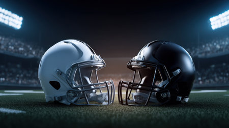 This captivating image showcases two football helmets, one black and one white, set against a dramatic stadium backdrop, reflecting the spirit of competition.の素材