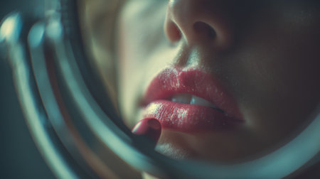 A stunning close-up captures a woman's reflection while applying lipstick, emphasizing the artistry of makeup and personal beauty rituals.の素材