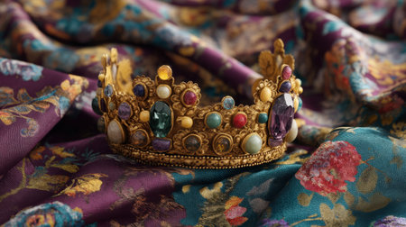 A stunning golden crown decorated with a variety of colorful gemstones, resting gracefully on luxurious fabric with floral designs, showcasing elegance.の素材