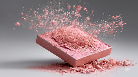 Captivating image of pink blush powder exploding from a compact, showcasing fine particles in motion against a clean background, perfect for beauty themes.の素材