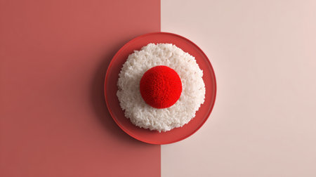 This image features a creative food art arrangement with rice placed on a bowl, showcasing a striking red circle design against a minimalist background.の素材