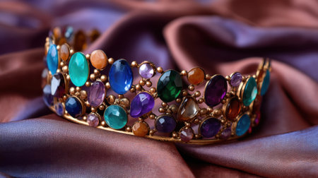 This stunning tiara features an array of colorful gemstones that glimmer against a rich, luxurious fabric, perfect for events or themed photography.の素材