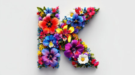 This artistic representation showcases a vibrant letter 'K' adorned with an array of colorful flowers and blossoms, creating a lively visual experience.の素材