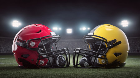 Two football helmets, one red and one yellow, face each other on a green field. Bright stadium lights illuminate the scene, creating an intense atmosphere.の素材