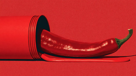 A striking composition featuring a vivid red chili pepper spilling from a bright red container. This bold image captures the essence of spice and flavor, perfect for culinary themes.の素材