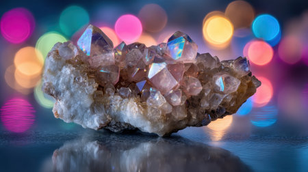 A stunning close-up of a sparkling crystal cluster featuring colorful reflections against a soft bokeh background, enhancing its natural beauty.の素材