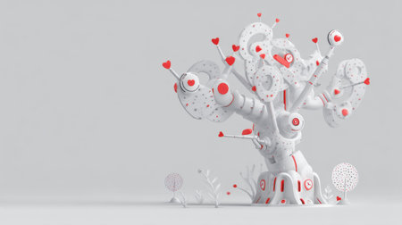 A modern artistic representation of a tree embellished with hearts, set against a light gray backdrop, showcasing creativity and abstract design.の素材