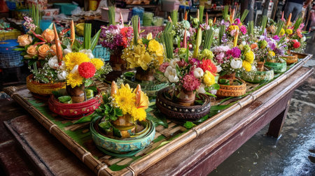A captivating display of colorful floral arrangements set on a market table, reflecting local culture and tradition in Southeast Asia.の素材