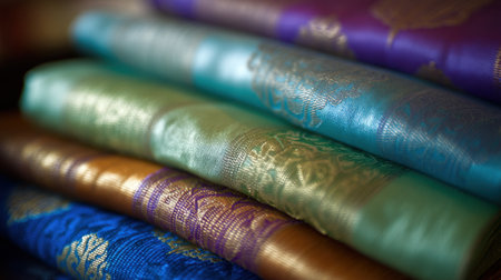 Explore a stunning stack of vibrant textiles featuring intricate designs and rich colors, perfect for fashion, decor, and creative projects.の素材