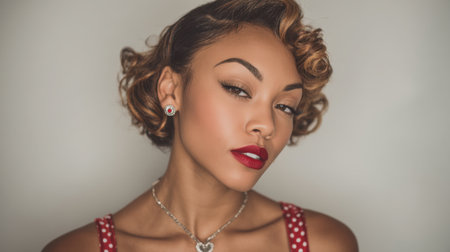 Captivating portrait of a young woman with elegant curly hair and bold red lips, showcasing vintage beauty trends and confident allure.の素材