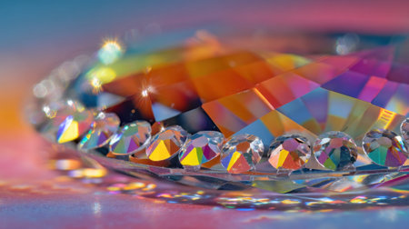 A stunning close-up image of a colorful crystal showcasing intricate facets that reflect a vibrant spectrum of light, creating an enchanting atmosphere.の素材