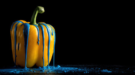 This striking image features a yellow bell pepper adorned with vibrant blue paint dripping off its surface, set against a dark backdrop.の素材
